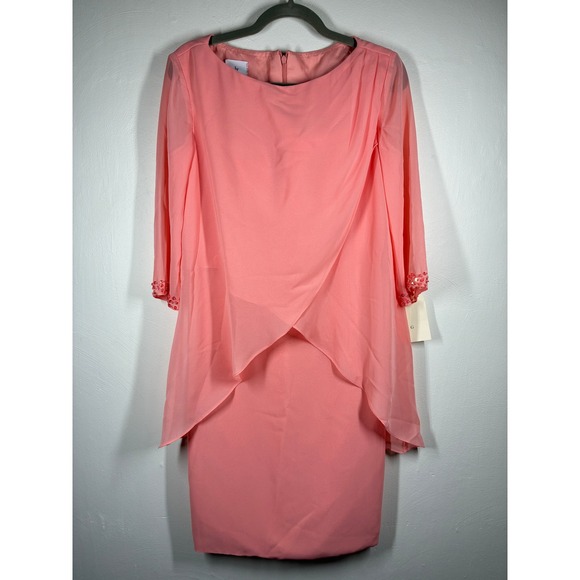 Lanting Dresses & Skirts - Lanting‎ Beaded Sleeve Chiffon Overlay Sheath Dress Medium Peach Mother of Bride